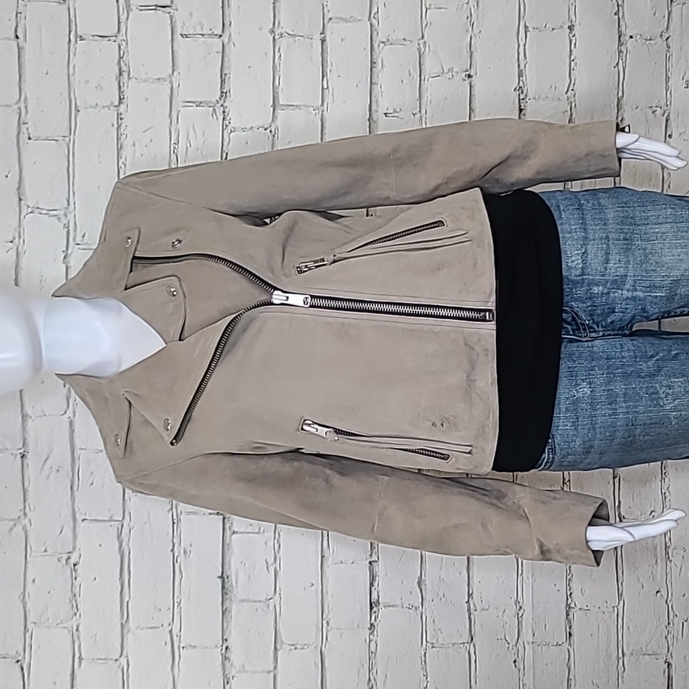 All Saints Dalby Edgy Slim Fit Velvety Suede Leather Moto Biker Jacket in Taupe